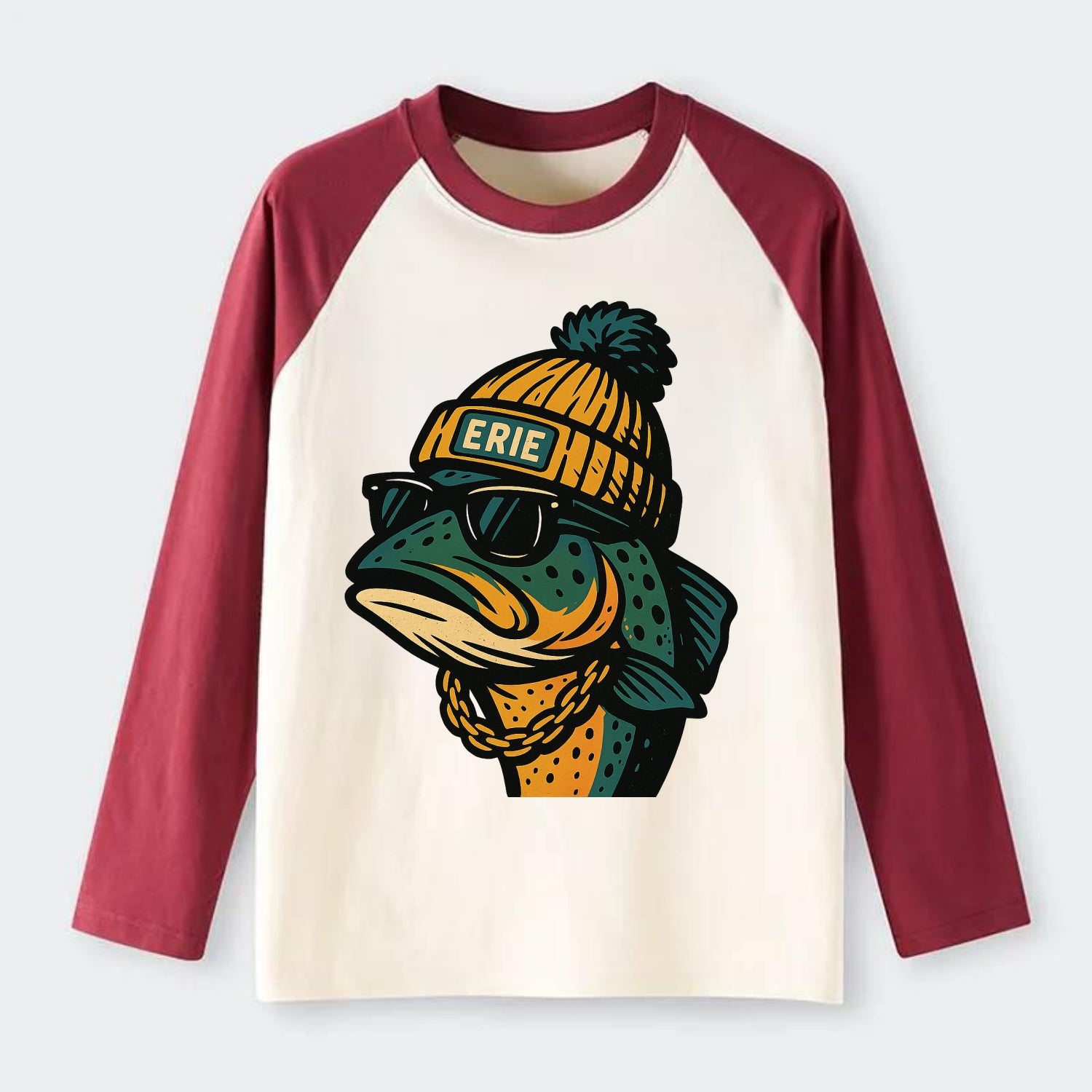 Erie Lake Trout wearing Erie beanie with pom pom and wayfarer - Raglan Long Sleeve T-Shirt - Red