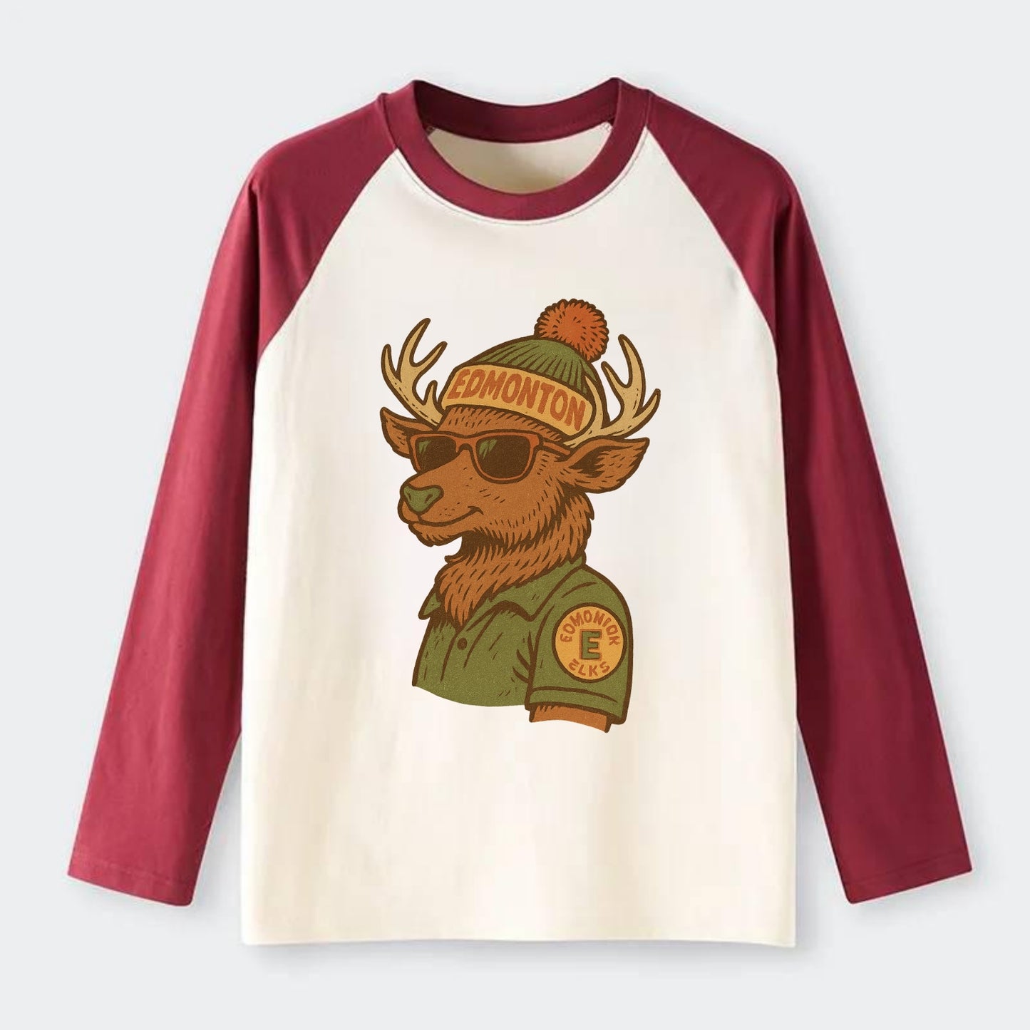 Edmonton Elk wearing Edmonton beanie wit - Raglan Long Sleeve T-Shirt - Red
