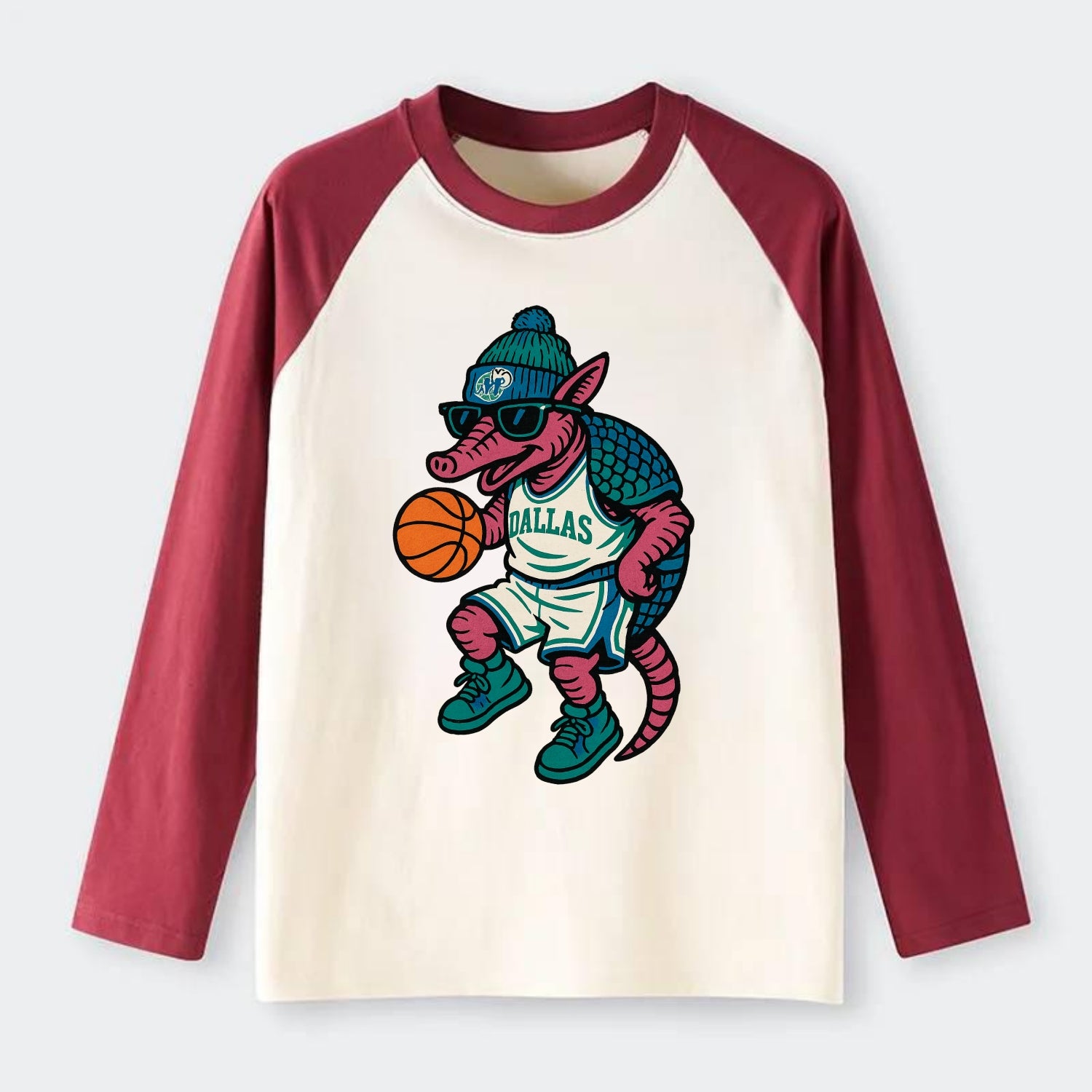 Dallas Armadillo wearing Mavericks beanie with cowboy hat patch and - Raglan Long Sleeve T-Shirt - Red