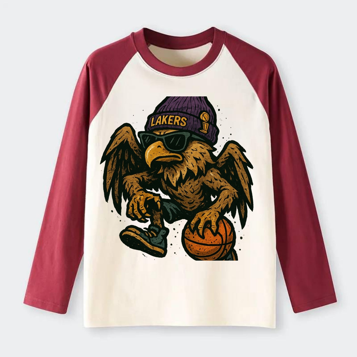 Los Angeles Golden Eagle wearing Lakers beanie with trophy patch and - Raglan Long Sleeve T-Shirt - Red