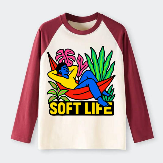 Person relaxing in hammock with plants - "soft life" aesthetic, - Raglan Long Sleeve T-Shirt - Red