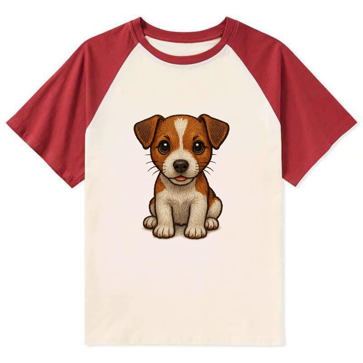 Baby Jack Russell Terrier Puppy - white with markings, alert ears, - Contrast Raglan T-shirt - Red