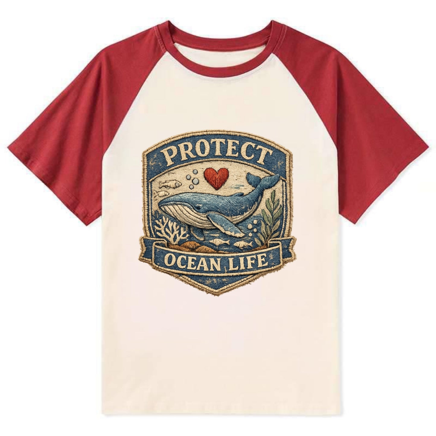 PROTECT OCEAN LIFE - whale with heart in blue , marine conservation - Contrast Raglan T-shirt - Red