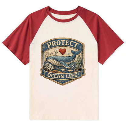 PROTECT OCEAN LIFE - whale with heart in blue , marine conservation - Contrast Raglan T-shirt - Red