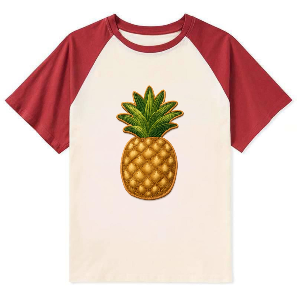 PINEAPPLE CROWN - tropical fruit in yellow and green , hospitality - Contrast Raglan T-shirt - Red