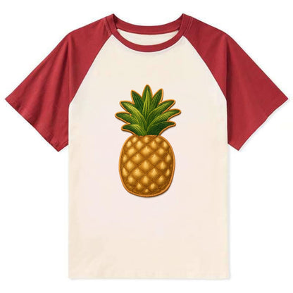 PINEAPPLE CROWN - tropical fruit in yellow and green , hospitality - Contrast Raglan T-shirt - Red
