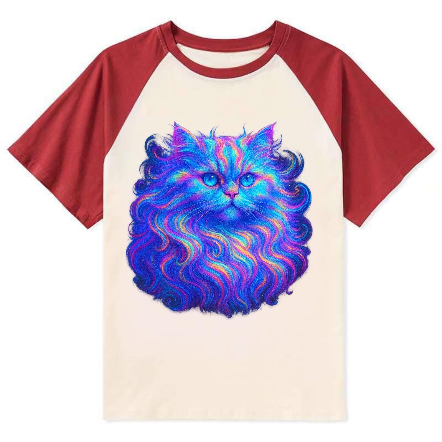 Luxurious Persian cat with flowing fur that refracts into rainbow prisms, - Contrast Raglan T-shirt - Red