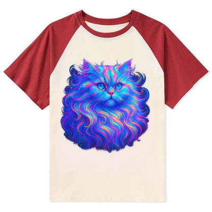 Luxurious Persian cat with flowing fur that refracts into rainbow prisms, - Contrast Raglan T-shirt - Red