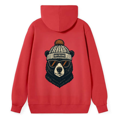 Louisiana Black Bear wearing New Orleans beanie with pom pom and wayfarer - Classic Pullover Hoodie - Red