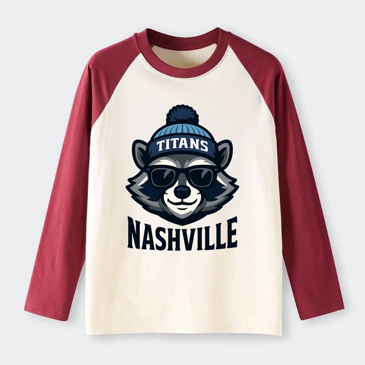 Nashville Raccoon wearing Titans navy and light blue beanie with pom - Raglan Long Sleeve T-Shirt - Red