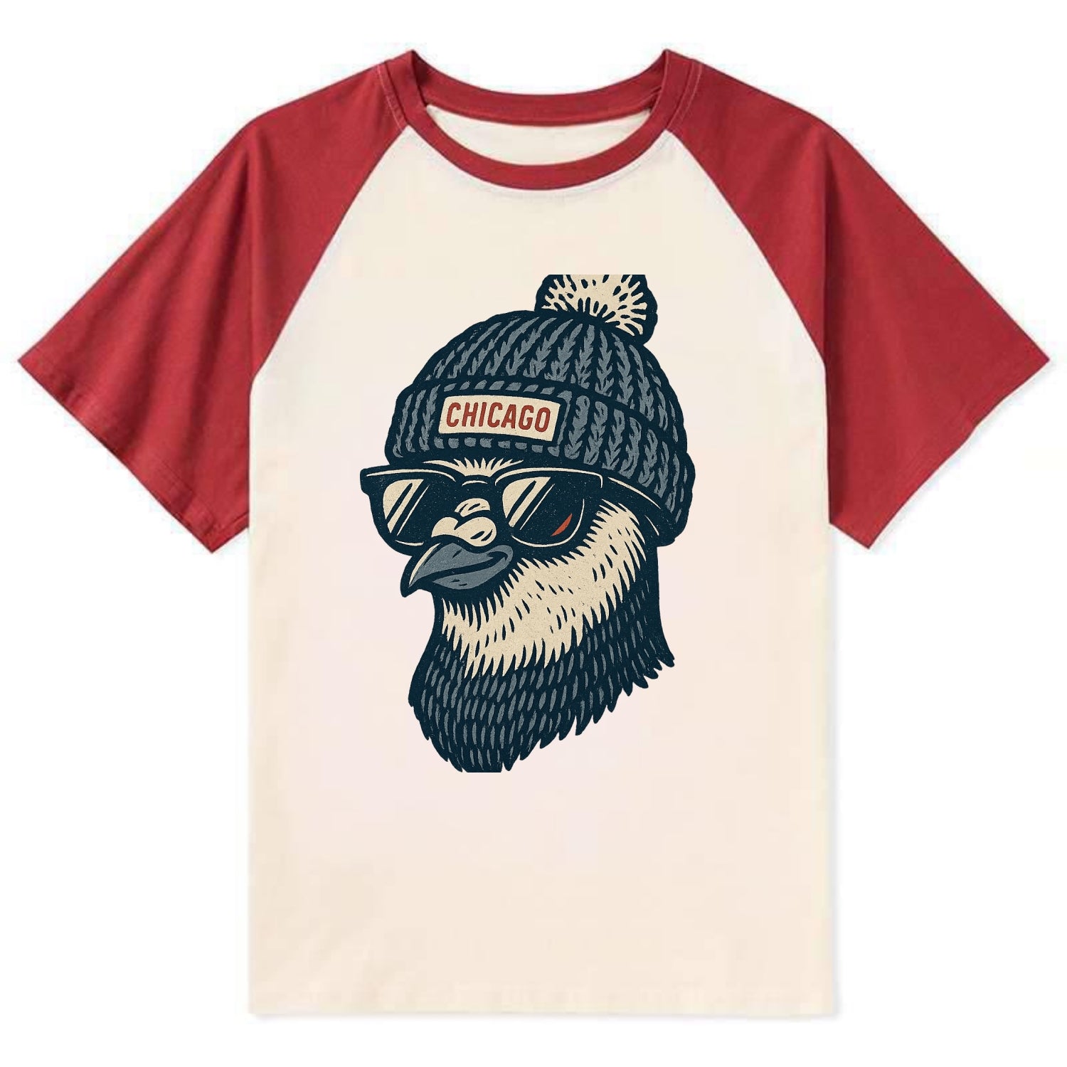 Chicago Pigeon wearing Chicago beanie with pom pom and wayfarer sunglasses - Contrast Raglan T-shirt - Red
