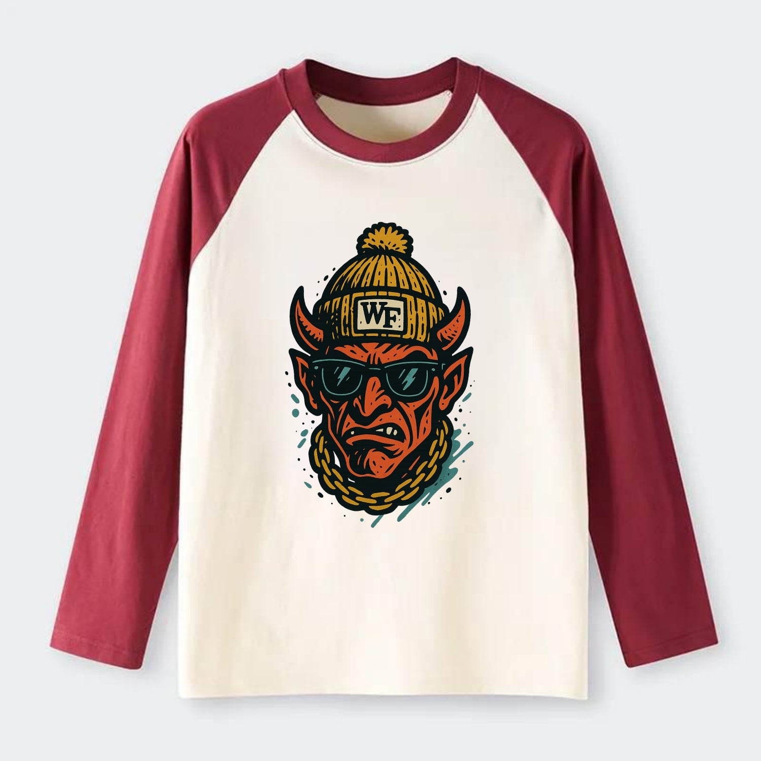 Winston-Salem Demon wearing Wake Forest beanie with WF patch - Raglan Long Sleeve T-Shirt - Red