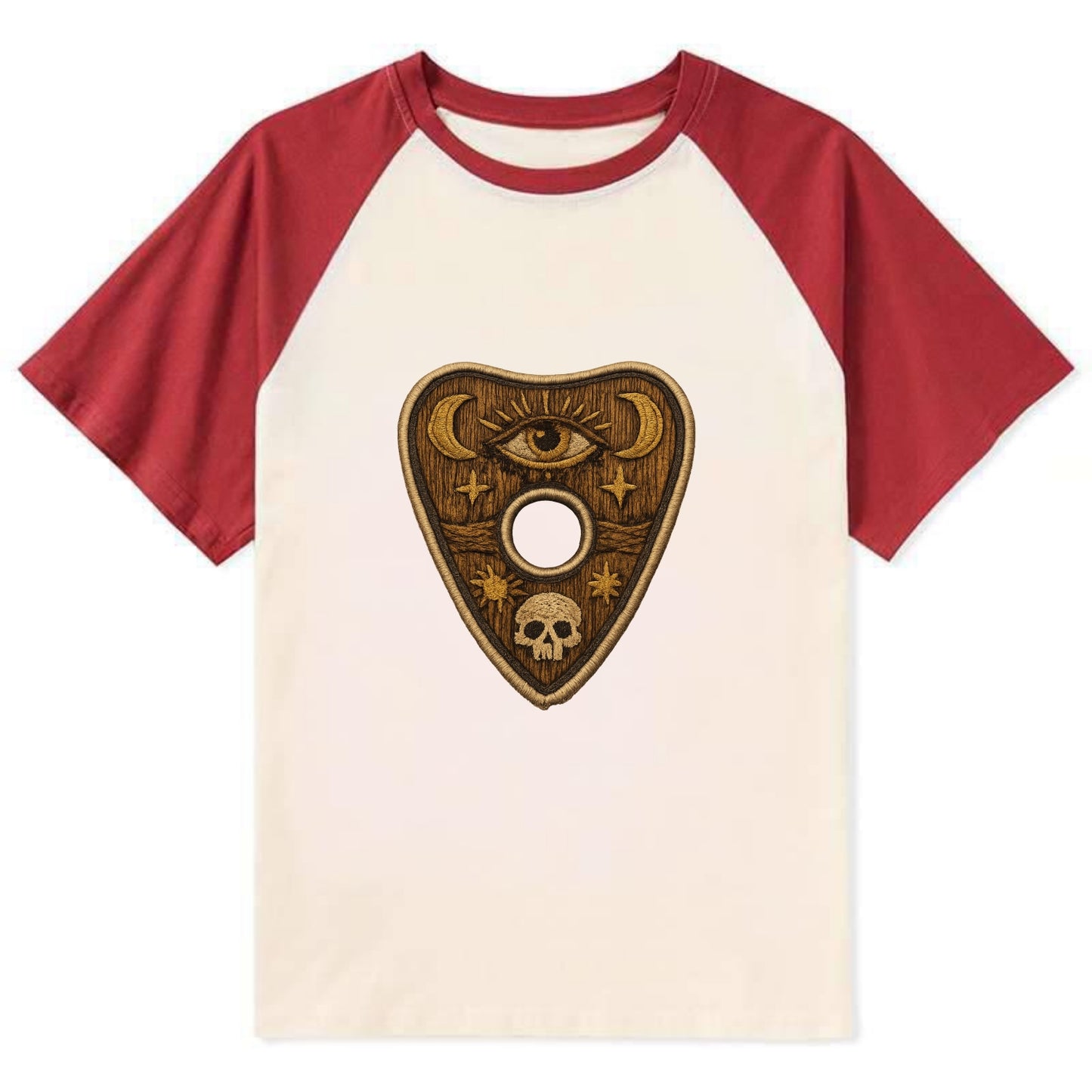 OUIJA PLANCHETTE - spirit board pointer in wood and gold , seance - Contrast Raglan T-shirt - Red