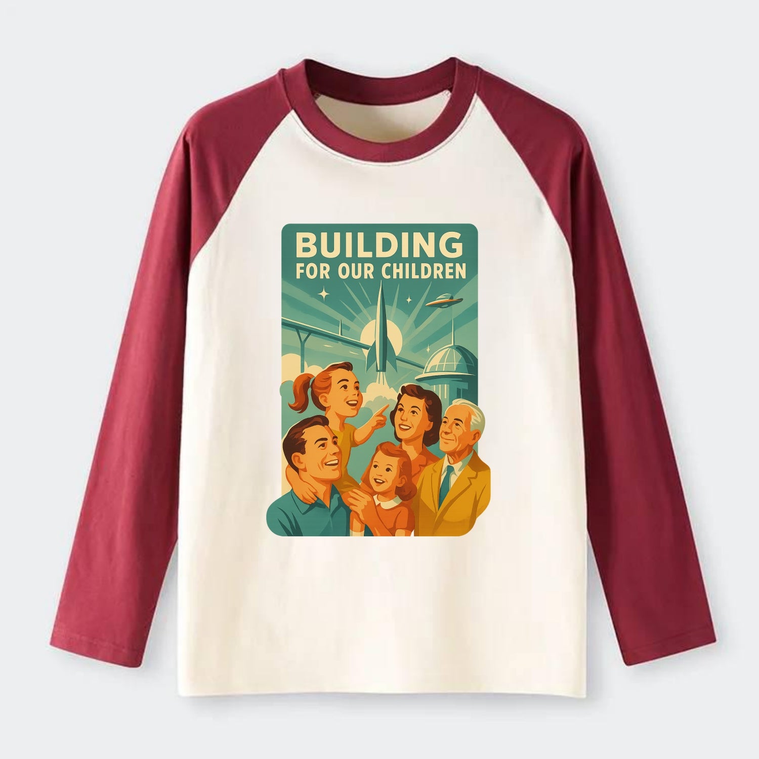 Multiple generations celebrating progress together - "Building for Our - Raglan Long Sleeve T-Shirt - Red