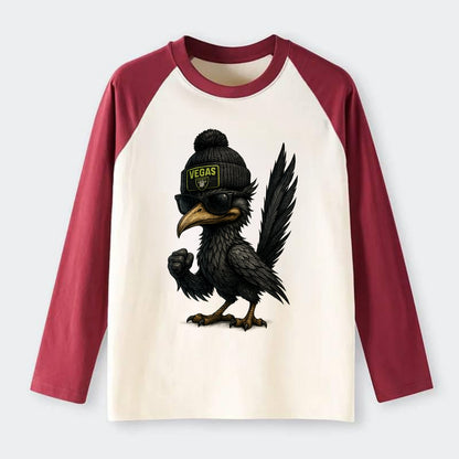 Vegas Roadrunner wearing Raiders beanie with neon patch and wayfarer - Raglan Long Sleeve T-Shirt - Red