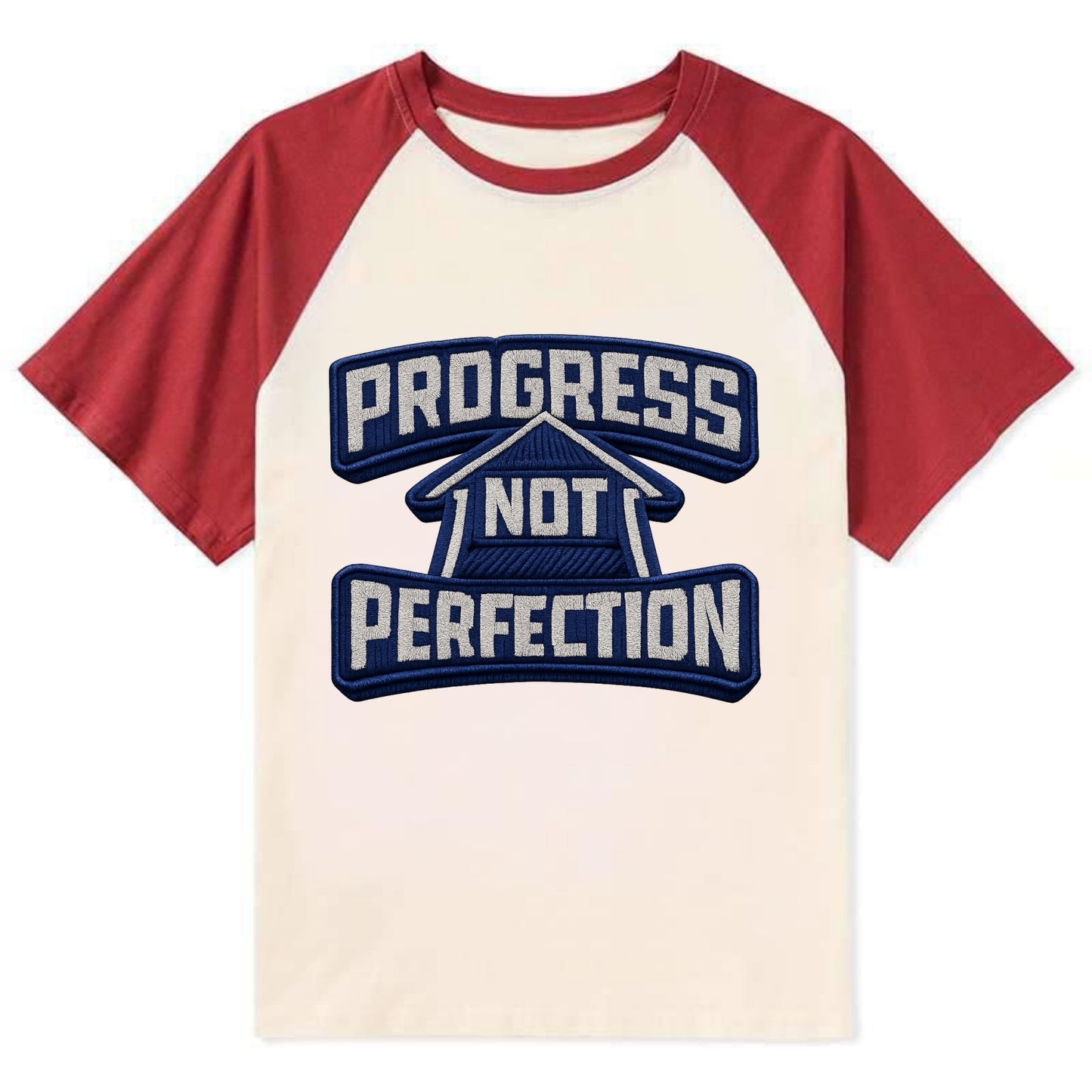 PROGRESS NOT PERFECTION - arrow with text in blue , growth mindset - Contrast Raglan T-shirt - Red