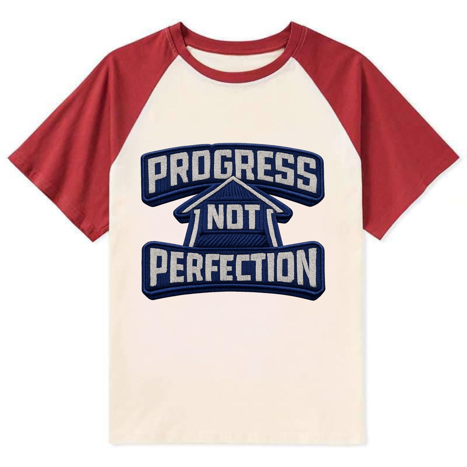 PROGRESS NOT PERFECTION - arrow with text in blue , growth mindset - Contrast Raglan T-shirt - Red