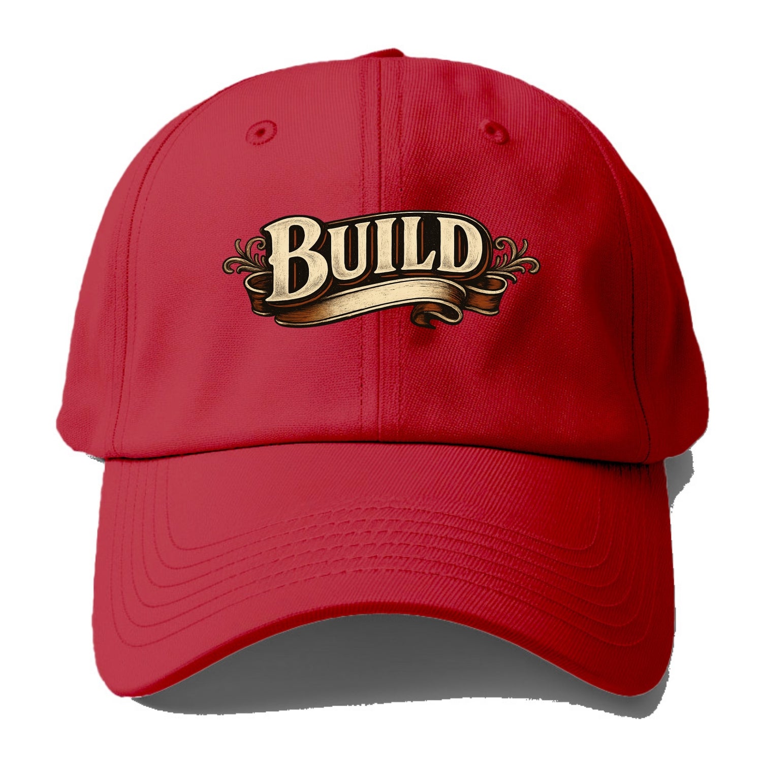 Bold typography design - "BUILD" - constructing, making real - Baseball Cap - Red