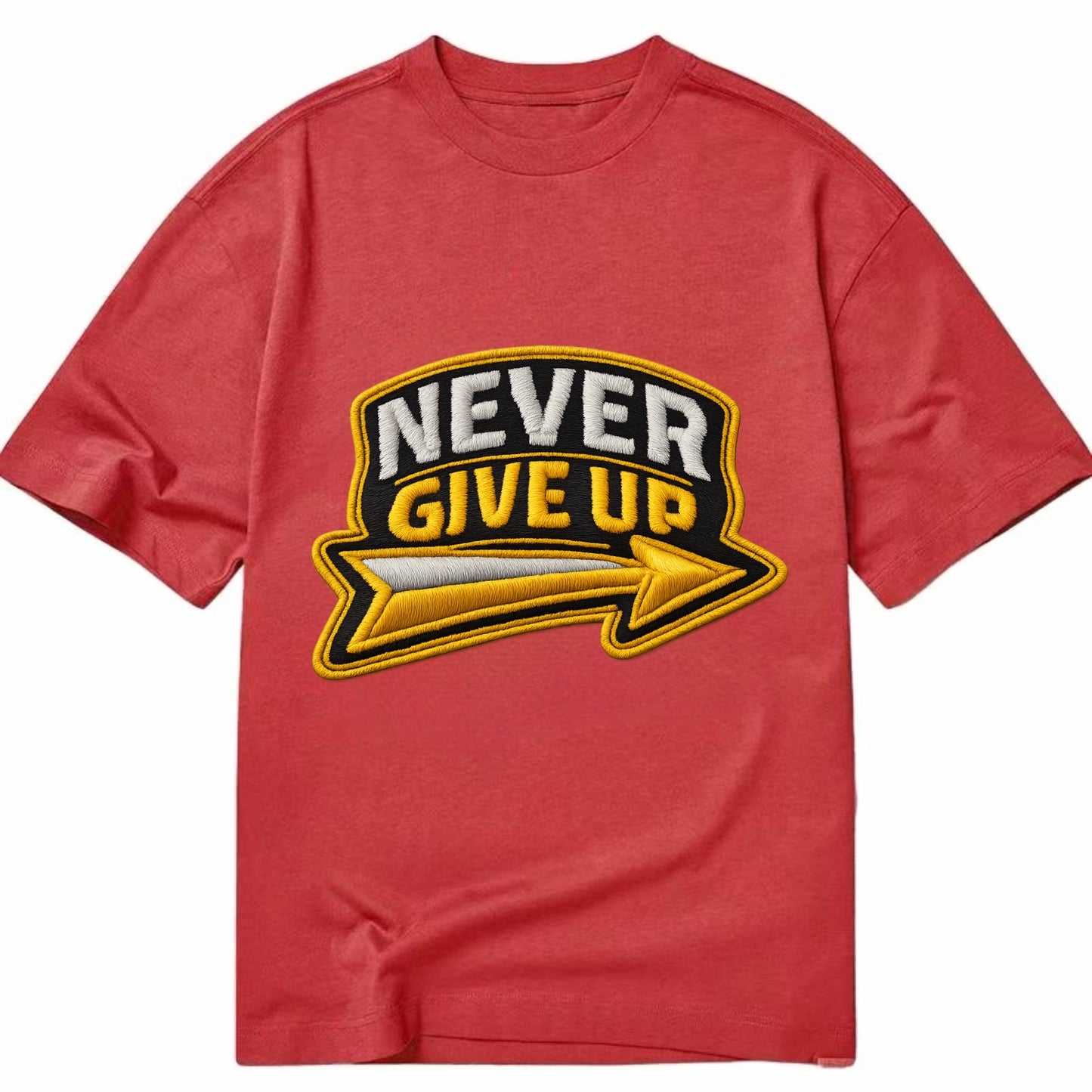 NEVER GIVE UP - bold text with arrow in gold , determination - Classic T-shirt - Red