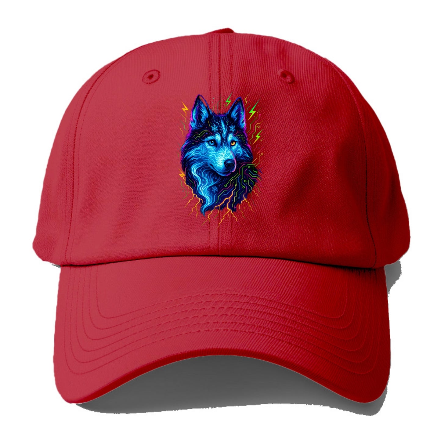Siberian husky with ice-crystal flowing patterns, electric blue and white swirls, - Baseball Cap - Red