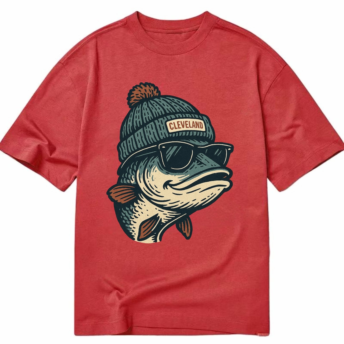 Cleveland Lake Erie Walleye wearing Cleveland beanie with pom pom and wayfarer - Classic T-shirt - Red