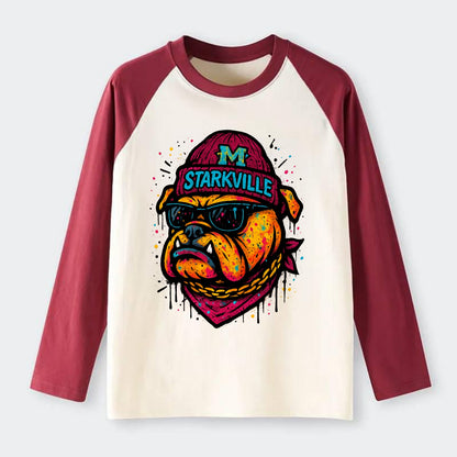Starkville Bulldog wearing Mississippi State beanie with M patch - Raglan Long Sleeve T-Shirt - Red