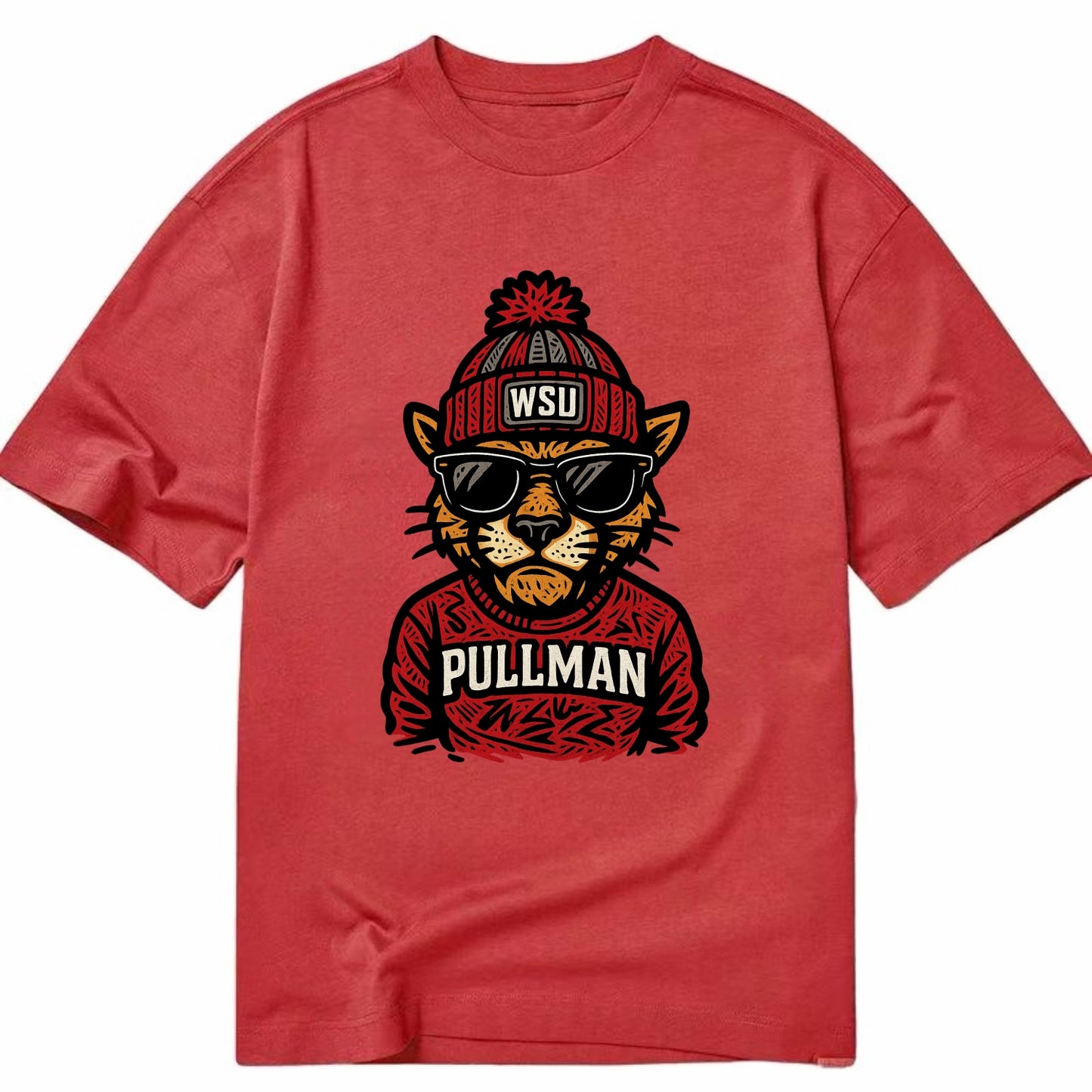 Pullman Cougar wearing Washington State beanie with WSU patch - Classic T-shirt - Red