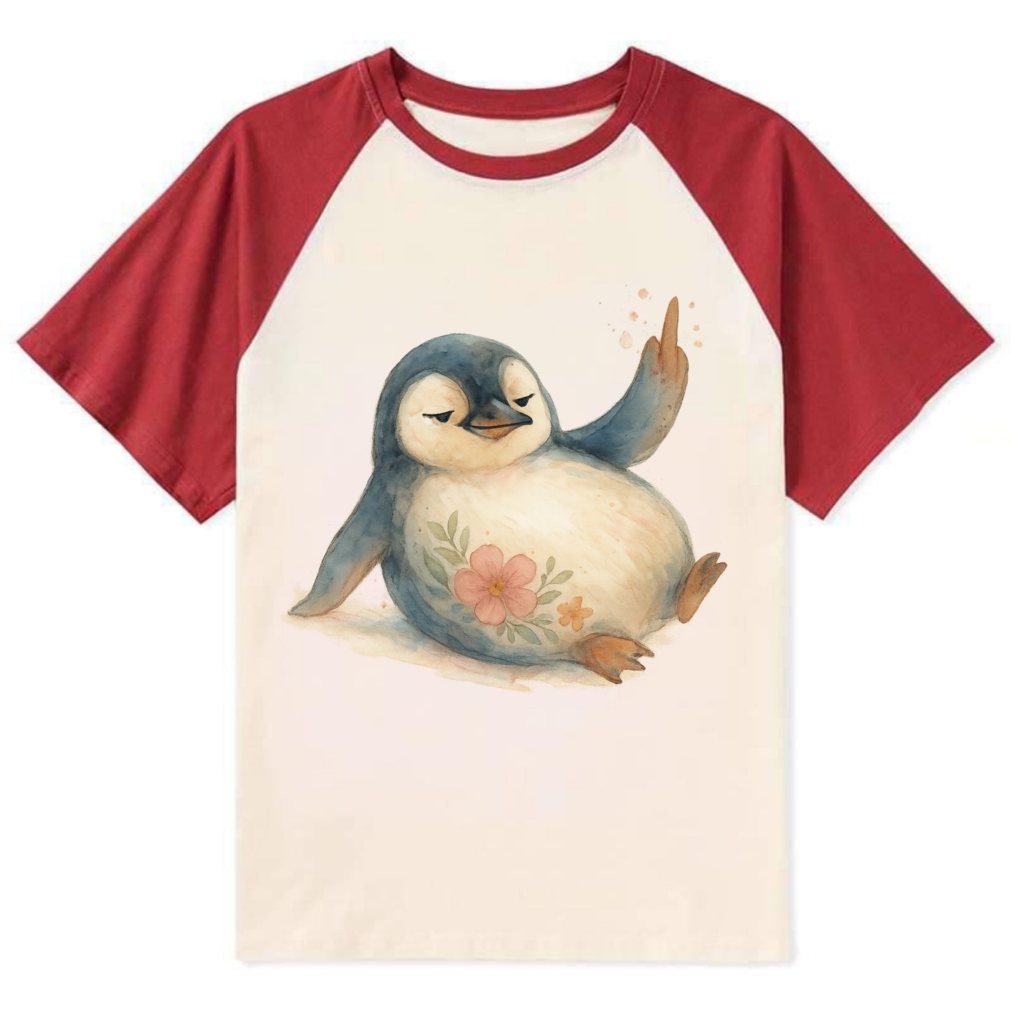 chubby penguin sliding on belly, one flipper up giving attitude - Contrast Raglan T-shirt - Red