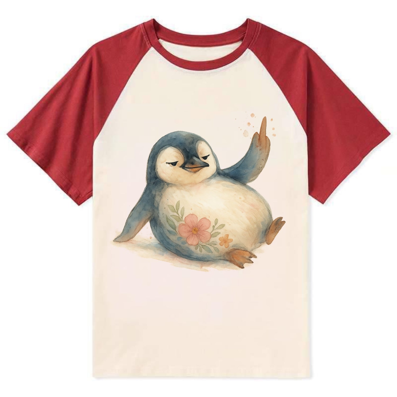 chubby penguin sliding on belly, one flipper up giving attitude - Contrast Raglan T-shirt - Red