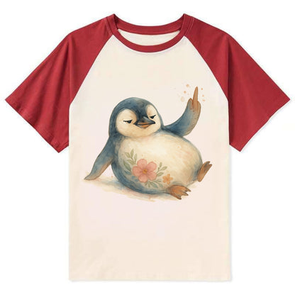 chubby penguin sliding on belly, one flipper up giving attitude - Contrast Raglan T-shirt - Red