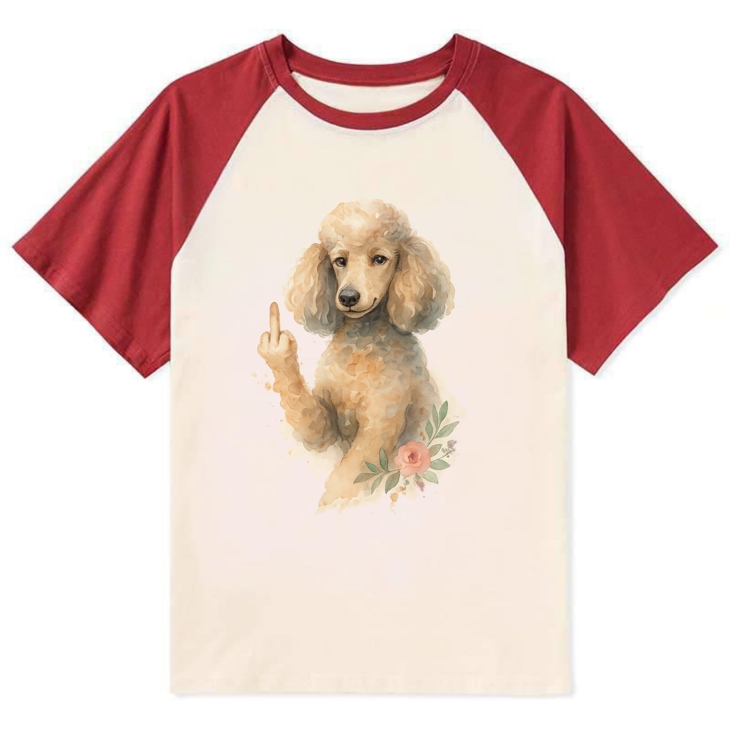 Standard Poodle with curly styled coat, intelligent face, fancy paw - Contrast Raglan T-shirt - Red