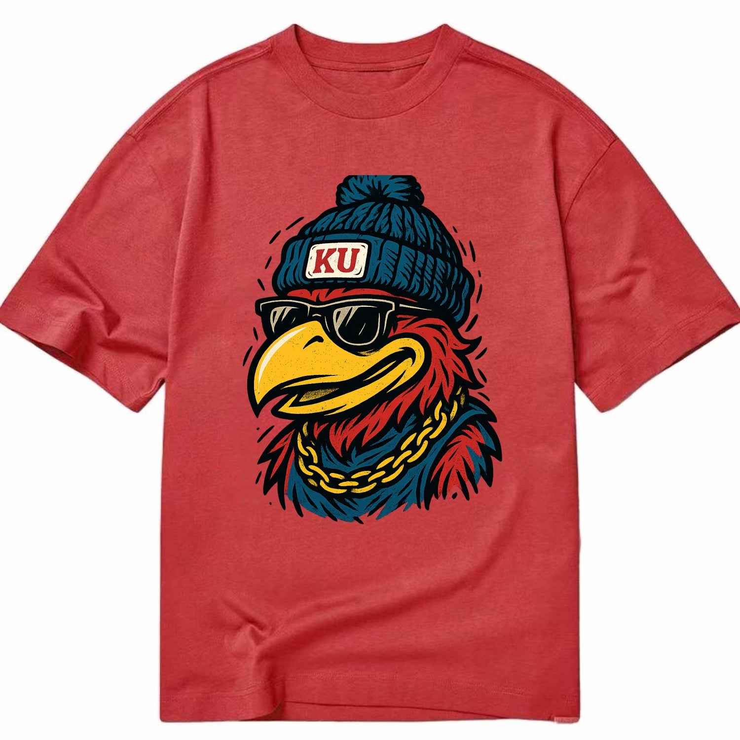 Lawrence Jayhawk wearing Kansas beanie with KU patch - Classic T-shirt - Red