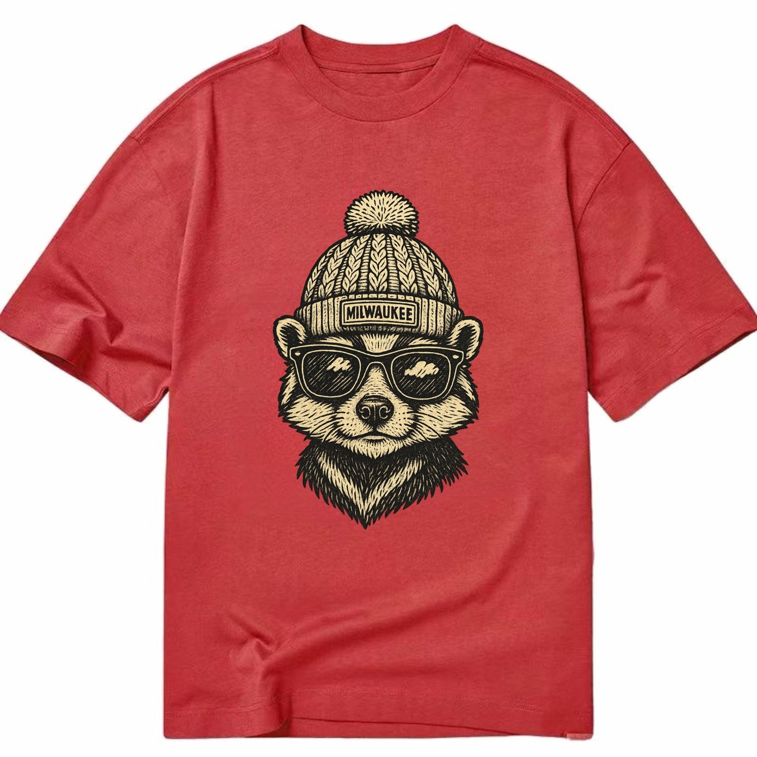 Wisconsin Badger wearing Milwaukee beanie with pom pom and wayfarer sunglasses - Classic T-shirt - Red