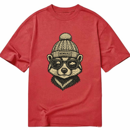 Wisconsin Badger wearing Milwaukee beanie with pom pom and wayfarer sunglasses - Classic T-shirt - Red