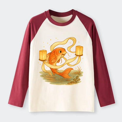 Koi weaving silk streamers through floating lanterns on tranquil water - Raglan Long Sleeve T-Shirt - Red