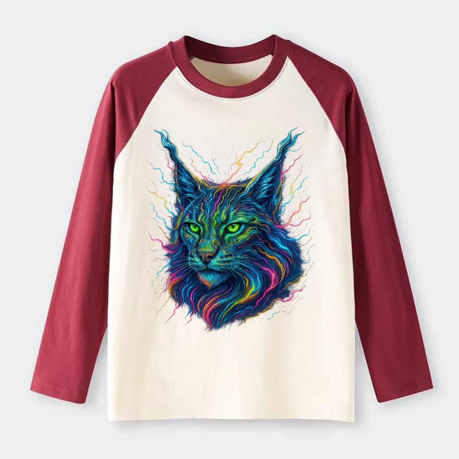 Wild lynx with ear tufts transforming into liquid mercury flows, - Raglan Long Sleeve T-Shirt - Red