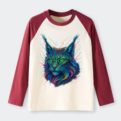 Wild lynx with ear tufts transforming into liquid mercury flows, - Raglan Long Sleeve T-Shirt - Red