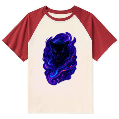 Sleek black panther emerging from swirls of deep purple and electric - Contrast Raglan T-shirt - Red