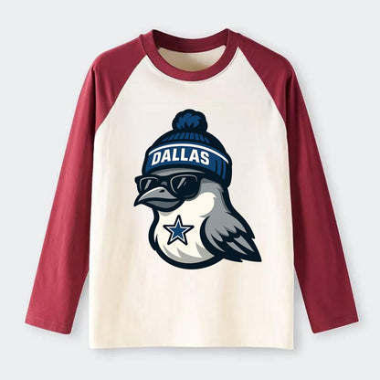 Dallas Mockingbird wearing Cowboys beanie with sheriff star and - Raglan Long Sleeve T-Shirt - Red