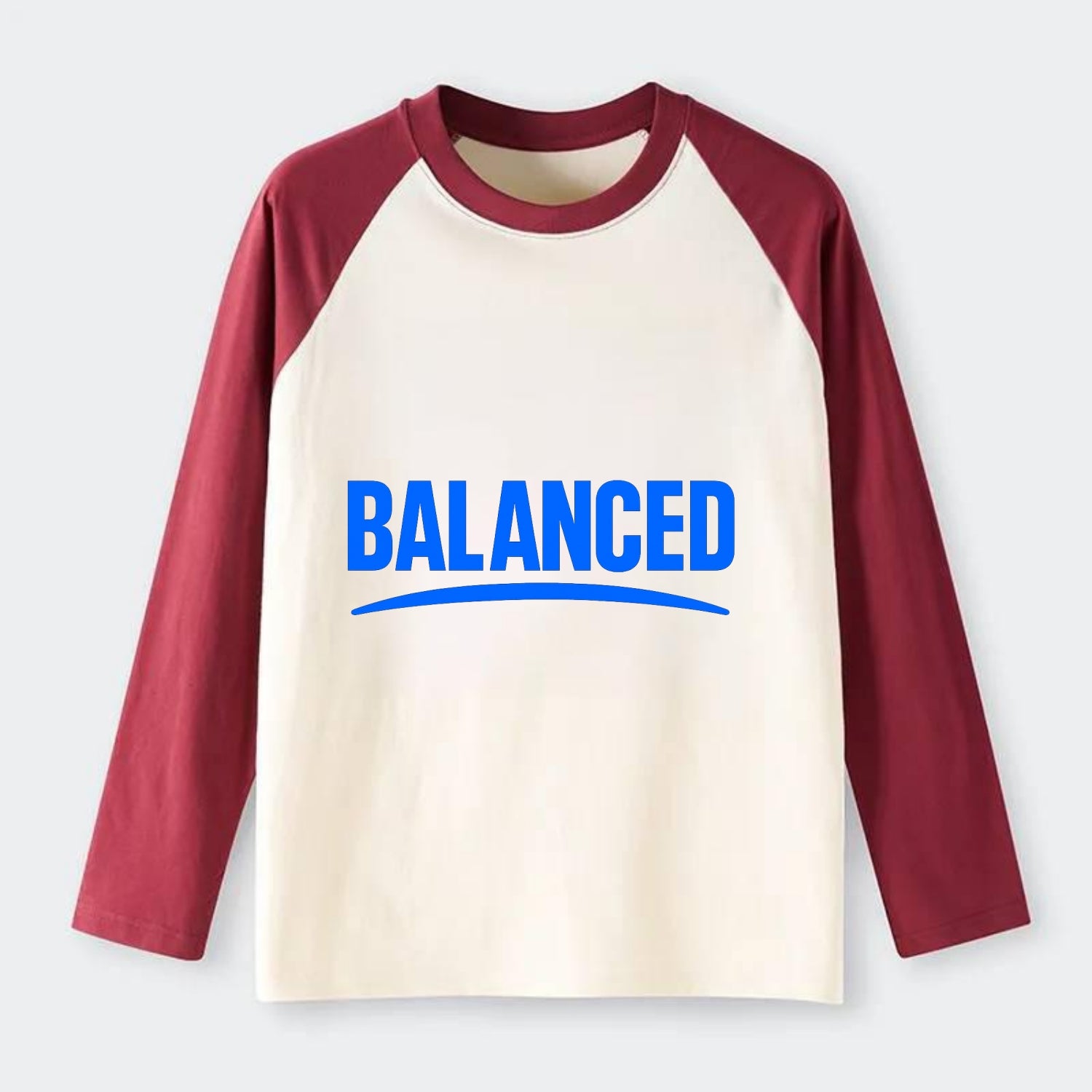 Bold typography design - "BALANCED" - harmony, equilibrium, centered - Raglan Long Sleeve T-Shirt - Red