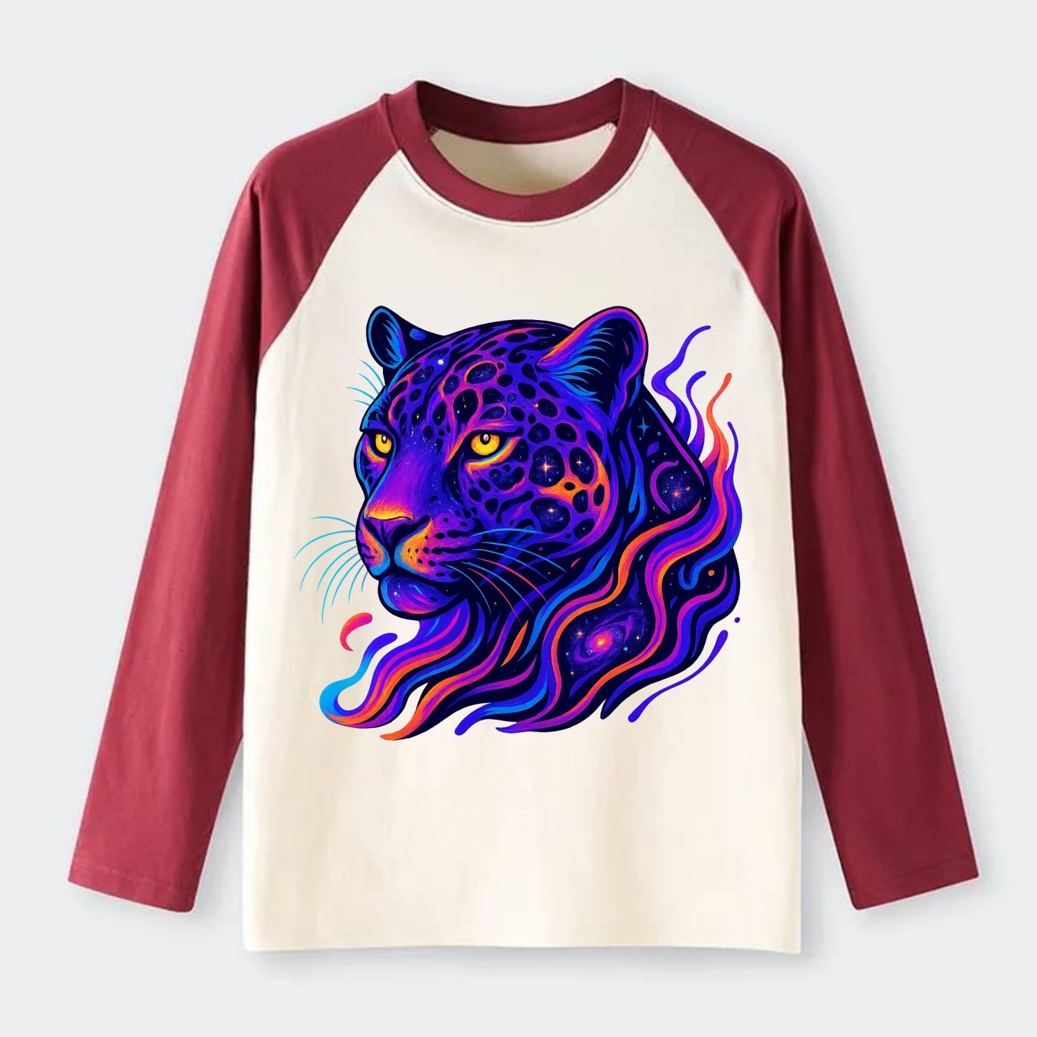 Powerful jaguar with rosettes containing miniature galaxies, cosmic - Raglan Long Sleeve T-Shirt - Red