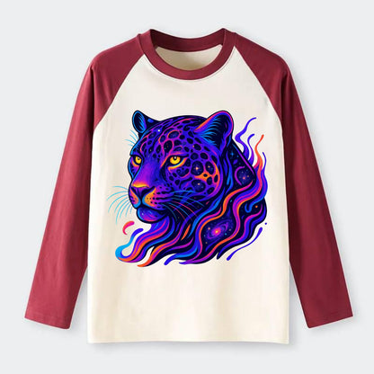 Powerful jaguar with rosettes containing miniature galaxies, cosmic - Raglan Long Sleeve T-Shirt - Red