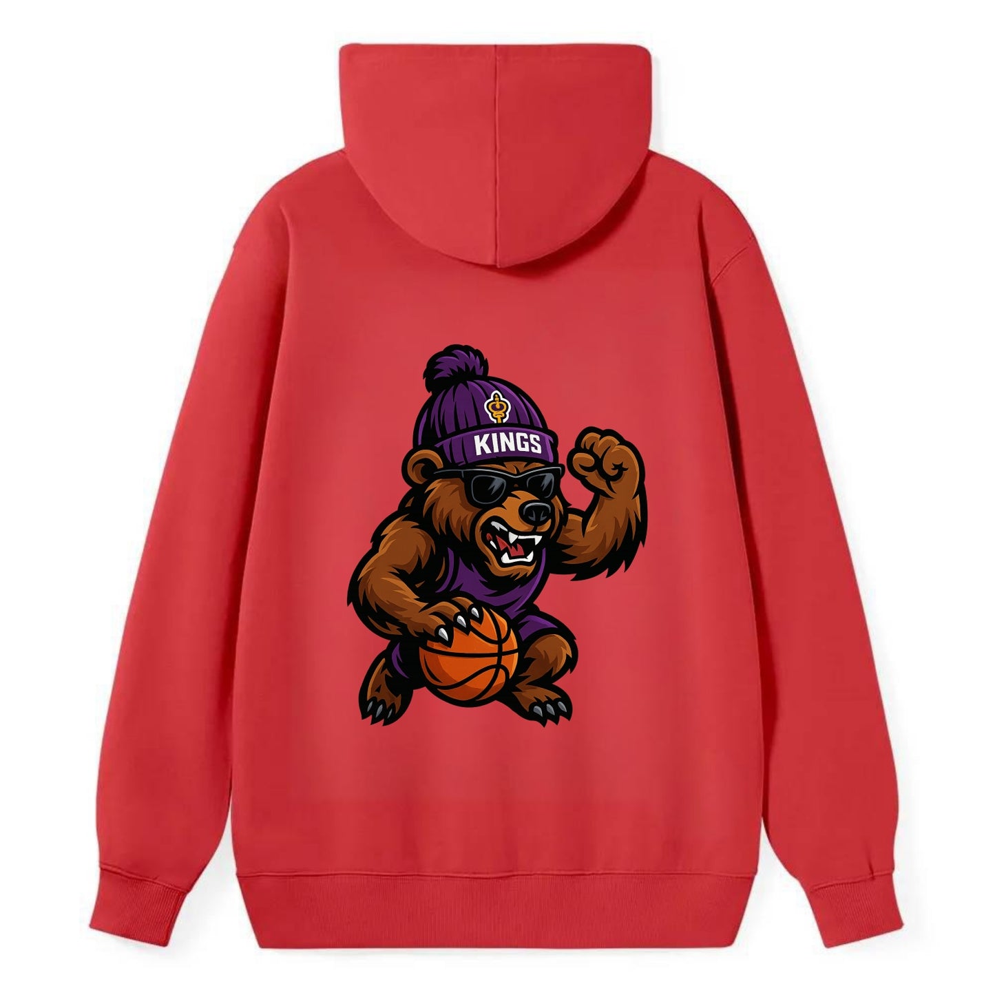 California Grizzly wearing Kings beanie with royal scepter patch and - Classic Pullover Hoodie - Red