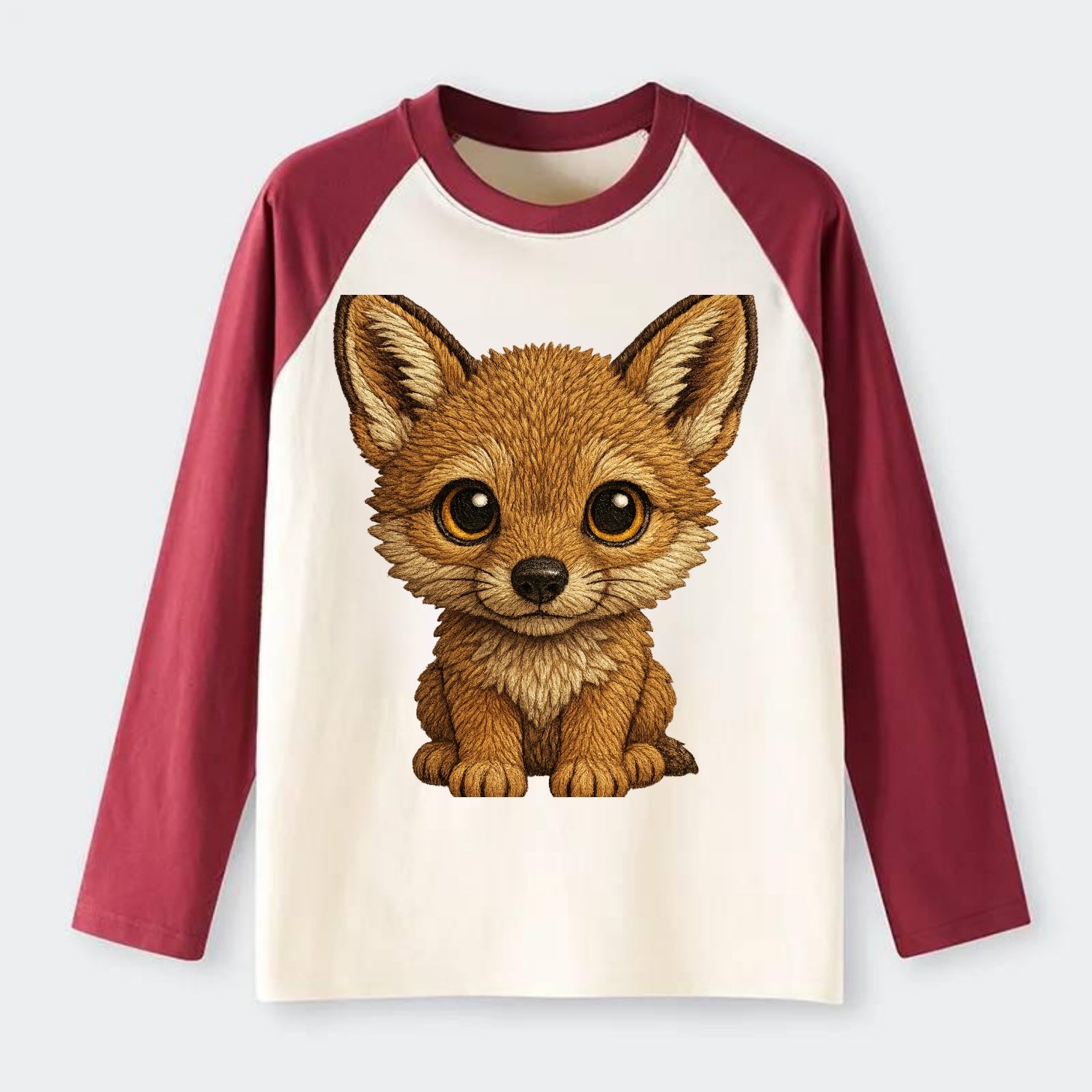 Baby Coyote Pup - tan fur, large ears, golden eyes, front-facing, - Raglan Long Sleeve T-Shirt - Red