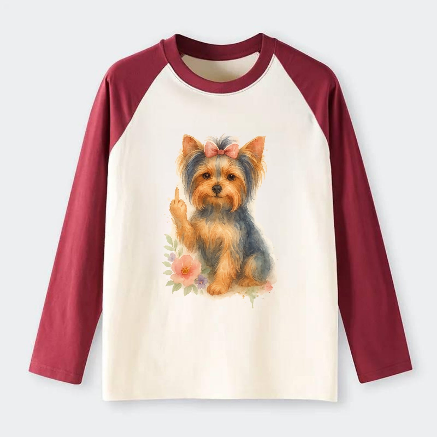 Yorkshire Terrier with topknot bow, one delicate paw flipping off - Raglan Long Sleeve T-Shirt - Red