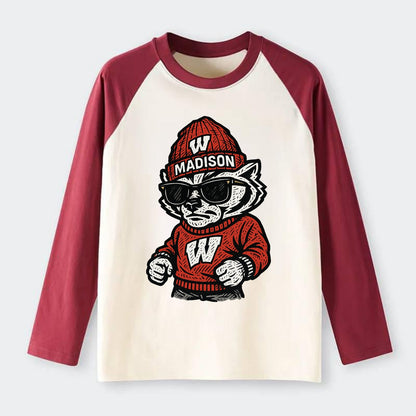Madison Badger wearing Wisconsin beanie with motion W patch - Raglan Long Sleeve T-Shirt - Red
