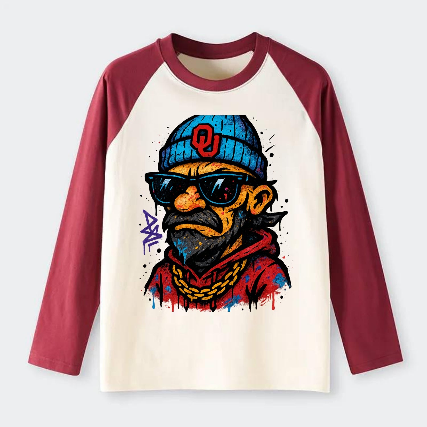 Norman Sooner wearing Oklahoma beanie with OU patch - Raglan Long Sleeve T-Shirt - Red