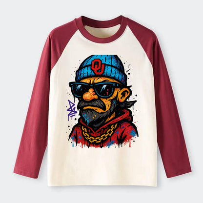 Norman Sooner wearing Oklahoma beanie with OU patch - Raglan Long Sleeve T-Shirt - Red