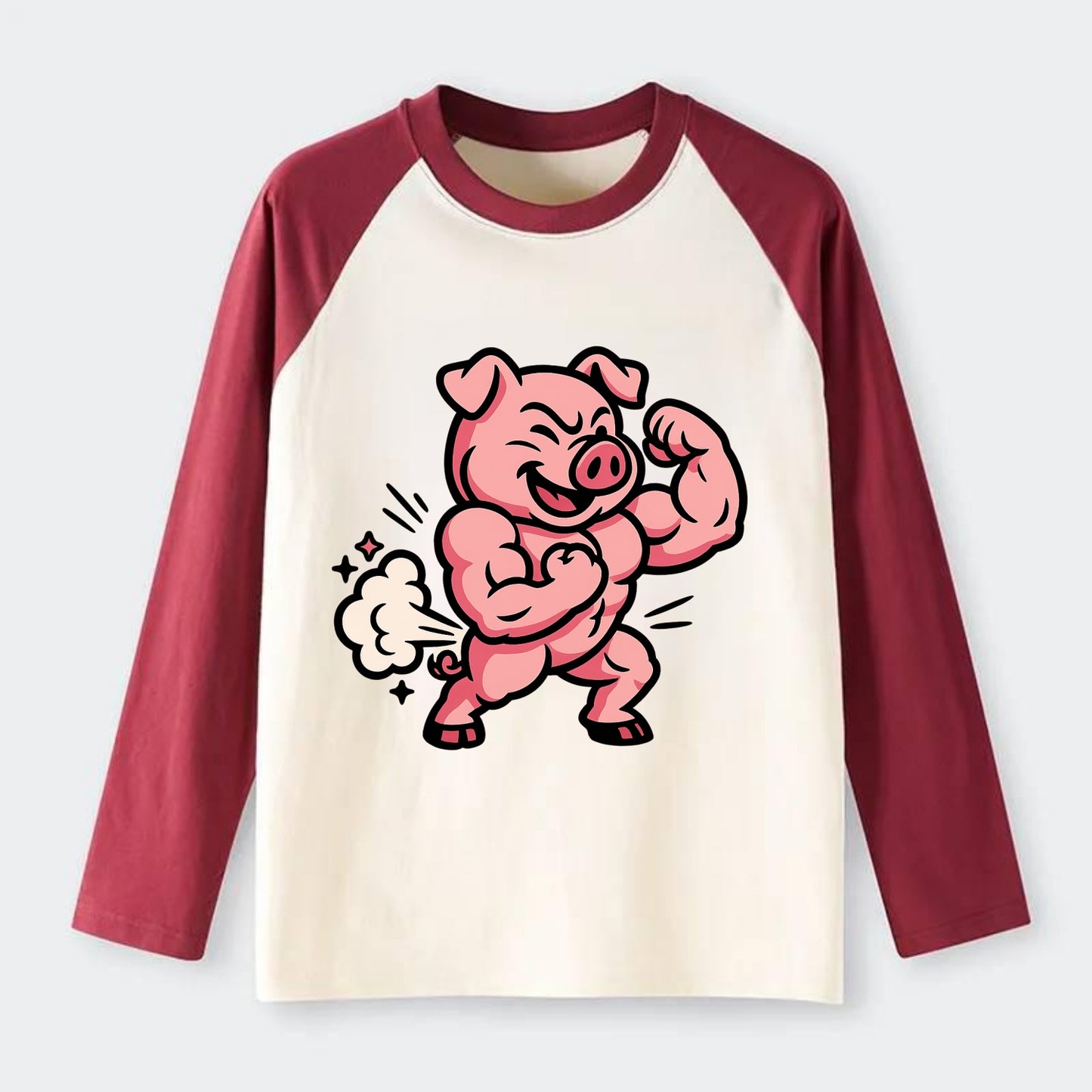 Strong Pig - Raglan Long Sleeve T-Shirt - Red