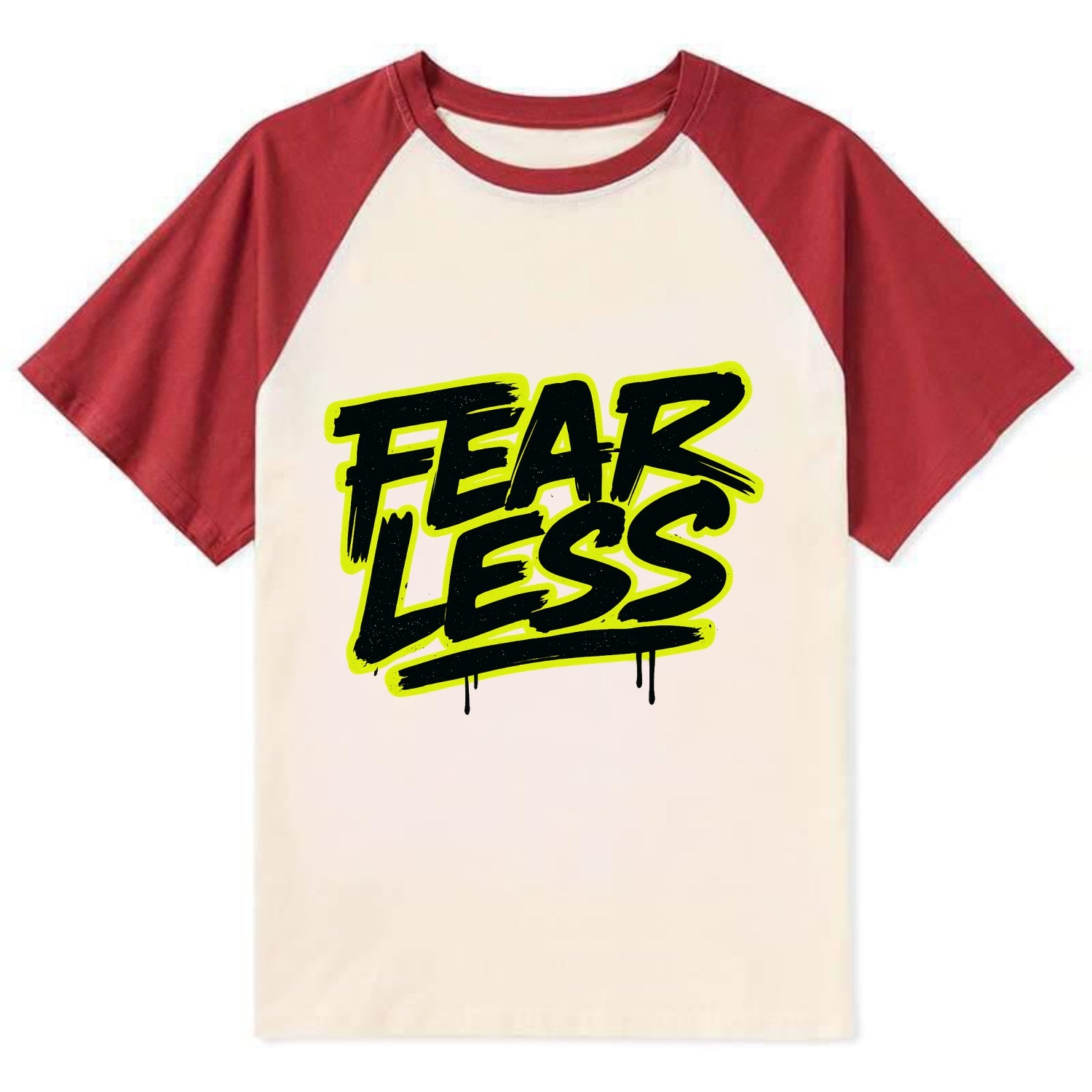 Bold typography design - "FEARLESS" - courage, bravery, facing challenges - Contrast Raglan T-shirt - Red